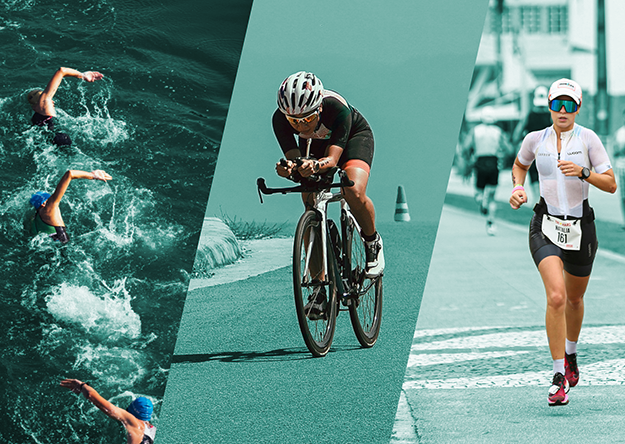 3 athlètes sur chaque sport : natation, vélo, course à pied